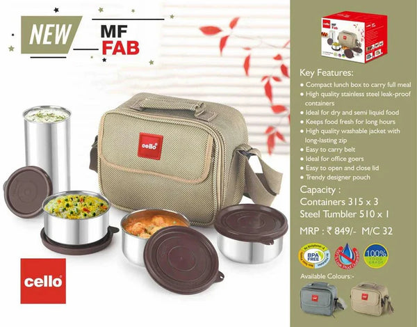 Cello MF Fab Lunch Box ( 3 Steel Container + Steel Glass )