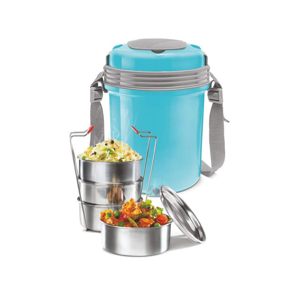 MILTON Electron Portable Stainless Steel Electric Lunch Box for Office Use, Travel I Auto Shut Off, 4 Tier Tiffin I 400ml X 4, Blue