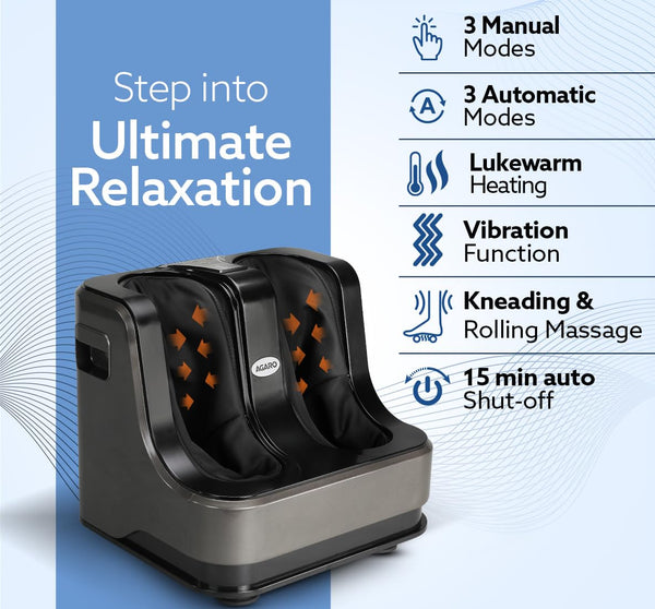 AGARO Rejoice Foot, Calf and Leg Massager with Lukewarm Heating and Vibration, 80W, 4 Motors, Rolling & Kneading Functions for Muscle Relaxation & Improving Blood Circulation (Grey)