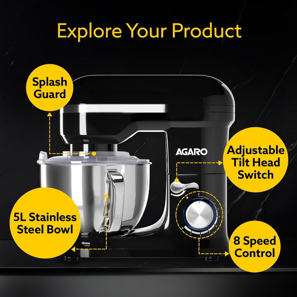 AGARO Royal Stand Mixer 1000W with 5L SS Bowl and 8 Speed Setting I Includes Whisking Cone, Mixing Beater & Dough Hook, and Splash Guard, 2 Years Warranty, (Black)