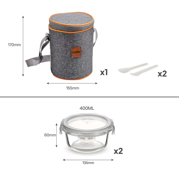 CELLO Royale Round Borosilicate Glass Lunch Box with Jacket, 400ml, Set of 3 | Safety Lock Airtight |Microwave Safe and Leak Proof | Ideal for College, Office