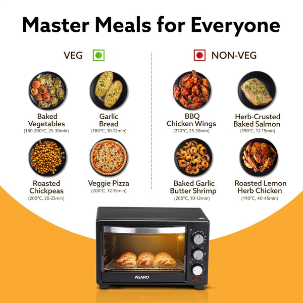 AGARO Marvel Oven Toaster Griller, 25 Litres, Motorised Rotisserie, Adjustable Temperature, 5 Heating Modes & Timer, CakeBaking, Roasting,Grilling,OTG (Black)