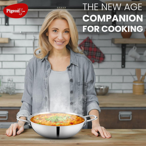 Pigeon Elite Stainless Steel Triply Kadhai 26 cm, Gas Stove and Induction Compatible for Fast Cooking and Longer Heat Retention, Along with Even Heat Distribution- Silver