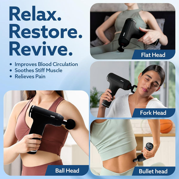 AGARO Galaxy Gun Massager, 4 Heads, 6 Speed, Rechargeable, Handheld, Percussion Muscle Massager for Full Body Relief, Muscle Relaxation of Neck, Shoulder, Back, Foot for Men & Women, Black.