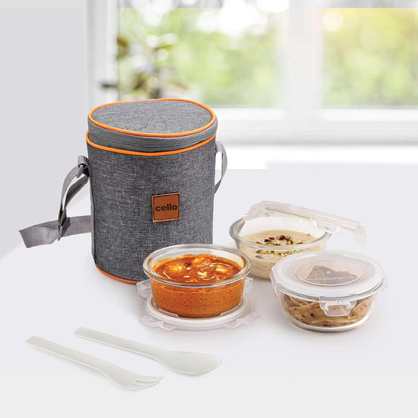 CELLO Royale Round Borosilicate Glass Lunch Box with Jacket, 400ml, Set of 3 | Safety Lock Airtight |Microwave Safe and Leak Proof | Ideal for College, Office