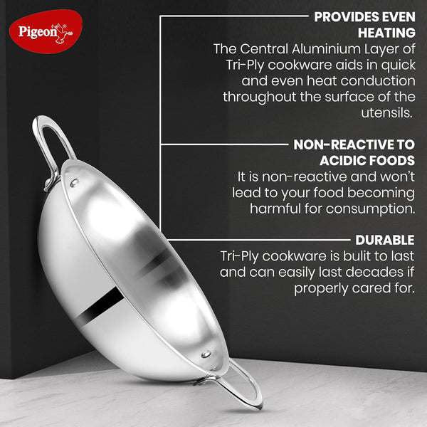 Pigeon Elite Stainless Steel Triply Kadhai 26 cm, Gas Stove and Induction Compatible for Fast Cooking and Longer Heat Retention, Along with Even Heat Distribution- Silver