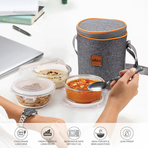 CELLO Royale Round Borosilicate Glass Lunch Box with Jacket, 400ml, Set of 3 | Safety Lock Airtight |Microwave Safe and Leak Proof | Ideal for College, Office