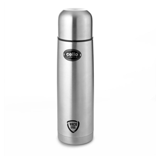 Cello Flipstyle Thermosteel Water Bottle with Jacket 1000ml, Silver | 24 Hours Hot and Cold | Double Walled | Vacuum Insulated Flip Lid Flask Bottle | Perfect for Water, Tea, Coffee & Cold Beverages