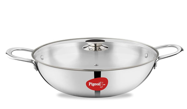 Pigeon Elite Stainless Steel Triply Kadhai 26 cm, Gas Stove and Induction Compatible for Fast Cooking and Longer Heat Retention, Along with Even Heat Distribution- Silver