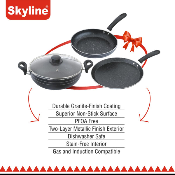 Skyline Non-Stick Cookware Set | 240mm Frying Pan, 280mm Dosa Tawa & 240mm Kadhai