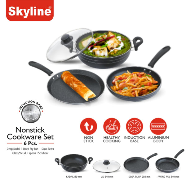 Skyline Non-Stick Cookware Set | 240mm Frying Pan, 280mm Dosa Tawa & 240mm Kadhai