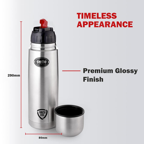 Cello Flipstyle Thermosteel Water Bottle with Jacket 1000ml, Silver | 24 Hours Hot and Cold | Double Walled | Vacuum Insulated Flip Lid Flask Bottle | Perfect for Water, Tea, Coffee & Cold Beverages