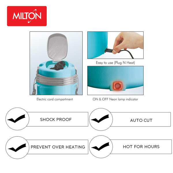 MILTON Electron Portable Stainless Steel Electric Lunch Box for Office Use, Travel I Auto Shut Off, 4 Tier Tiffin I 400ml X 4, Blue