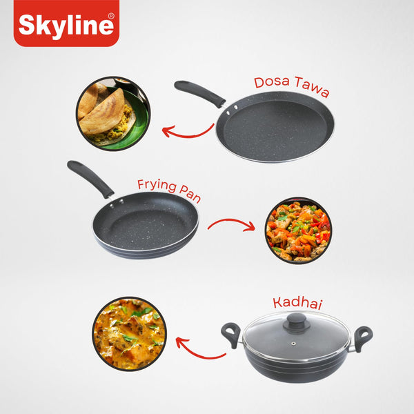 Skyline Non-Stick Cookware Set | 240mm Frying Pan, 280mm Dosa Tawa & 240mm Kadhai