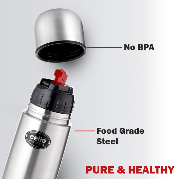 Cello Flipstyle Thermosteel Water Bottle with Jacket 1000ml, Silver | 24 Hours Hot and Cold | Double Walled | Vacuum Insulated Flip Lid Flask Bottle | Perfect for Water, Tea, Coffee & Cold Beverages