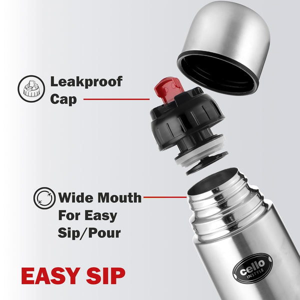 Cello Flipstyle Thermosteel Water Bottle with Jacket 1000ml, Silver | 24 Hours Hot and Cold | Double Walled | Vacuum Insulated Flip Lid Flask Bottle | Perfect for Water, Tea, Coffee & Cold Beverages