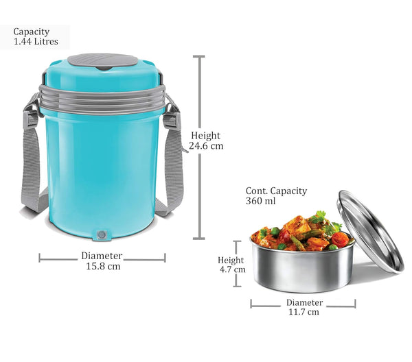 MILTON Electron Portable Stainless Steel Electric Lunch Box for Office Use, Travel I Auto Shut Off, 4 Tier Tiffin I 400ml X 4, Blue