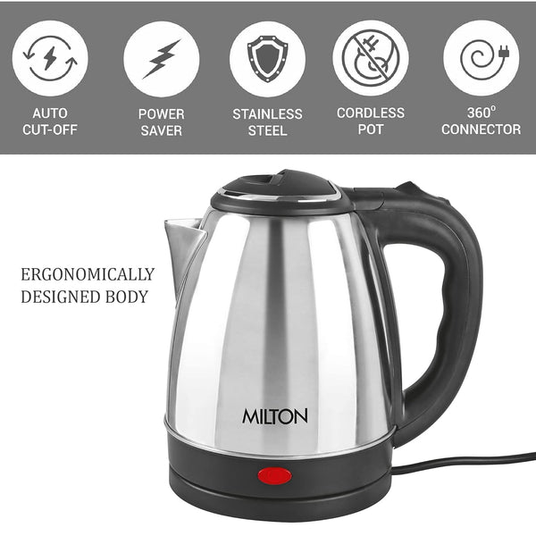 Milton Euroline Go Electro 2.0 Stainless Steel Electric Kettle, 1 Piece, 2 Litre, Silver, Power Indicator, 1350 Watts, Auto Cut-off, Detachable 360 Degree Connector, Boiler for Water, Instant Noodles