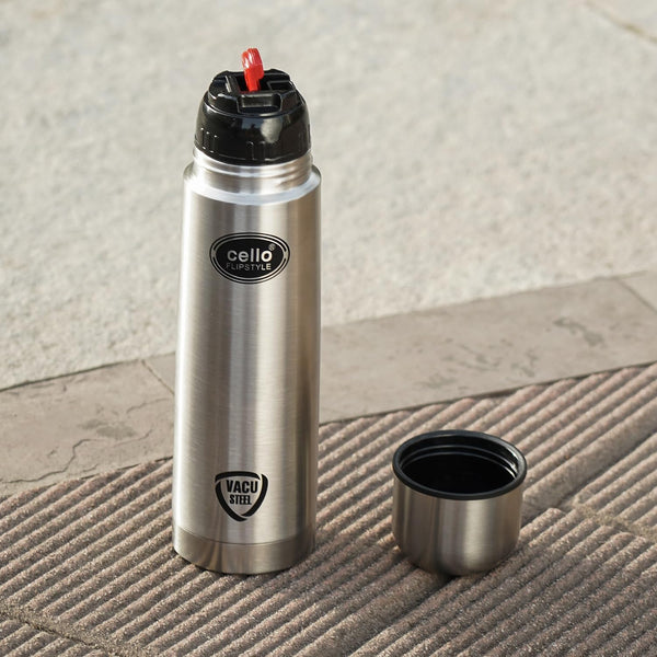 Cello Flipstyle Thermosteel Water Bottle with Jacket 1000ml, Silver | 24 Hours Hot and Cold | Double Walled | Vacuum Insulated Flip Lid Flask Bottle | Perfect for Water, Tea, Coffee & Cold Beverages