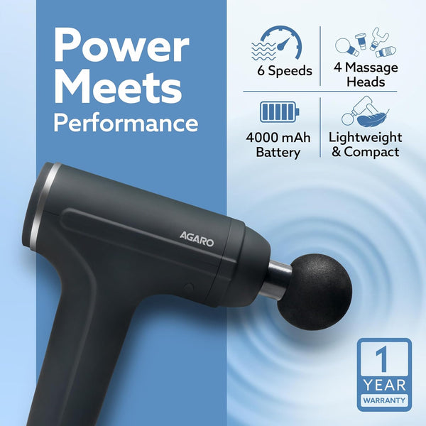 AGARO Galaxy Gun Massager, 4 Heads, 6 Speed, Rechargeable, Handheld, Percussion Muscle Massager for Full Body Relief, Muscle Relaxation of Neck, Shoulder, Back, Foot for Men & Women, Black.