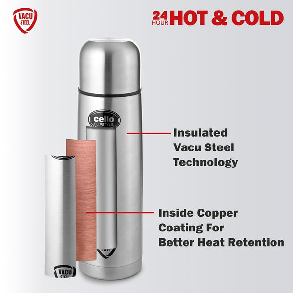 Cello Flipstyle Thermosteel Water Bottle with Jacket 1000ml, Silver | 24 Hours Hot and Cold | Double Walled | Vacuum Insulated Flip Lid Flask Bottle | Perfect for Water, Tea, Coffee & Cold Beverages