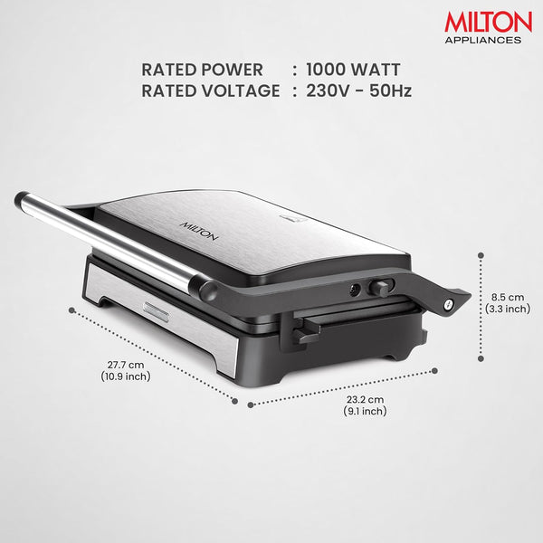 Milton Insta Grill Sandwich Maker, 180° Open Sandwich Griller and Toaster, 1000 Watt Sandwich Maker Electric Griller for Home, Auto Cut off, 2 Year Warranty, Silver
