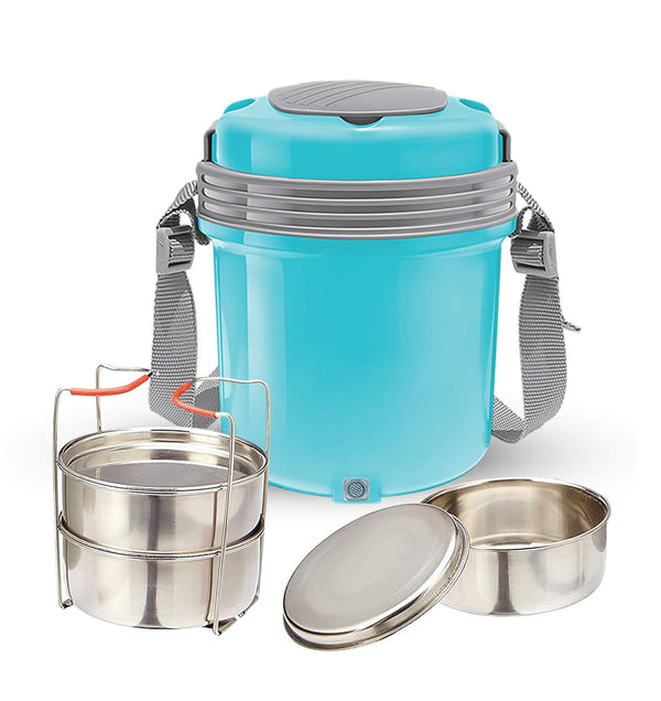 MILTON Electron Portable Stainless Steel Electric Lunch Box for Office Use, Travel I Auto Shut Off, 3 Tier - 400ml X 3, Blue