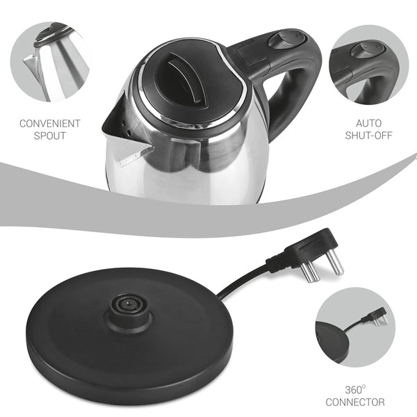 Milton Euroline Go Electro 2.0 Stainless Steel Electric Kettle, 1 Piece, 2 Litre, Silver, Power Indicator, 1350 Watts, Auto Cut-off, Detachable 360 Degree Connector, Boiler for Water, Instant Noodles