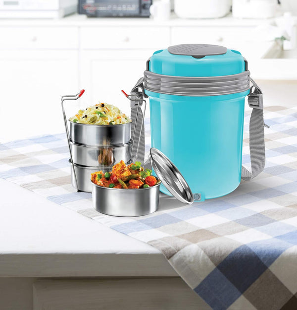 MILTON Electron Portable Stainless Steel Electric Lunch Box for Office Use, Travel I Auto Shut Off, 4 Tier Tiffin I 400ml X 4, Blue