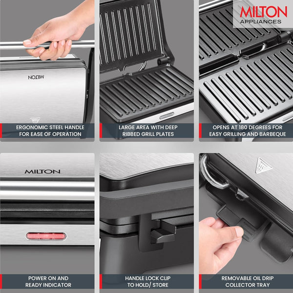 Milton Insta Grill Sandwich Maker, 180° Open Sandwich Griller and Toaster, 1000 Watt Sandwich Maker Electric Griller for Home, Auto Cut off, 2 Year Warranty, Silver