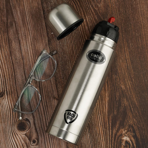 Cello Flipstyle Thermosteel Water Bottle with Jacket 1000ml, Silver | 24 Hours Hot and Cold | Double Walled | Vacuum Insulated Flip Lid Flask Bottle | Perfect for Water, Tea, Coffee & Cold Beverages