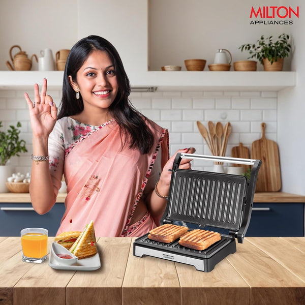 Milton Insta Grill Sandwich Maker, 180° Open Sandwich Griller and Toaster, 1000 Watt Sandwich Maker Electric Griller for Home, Auto Cut off, 2 Year Warranty, Silver