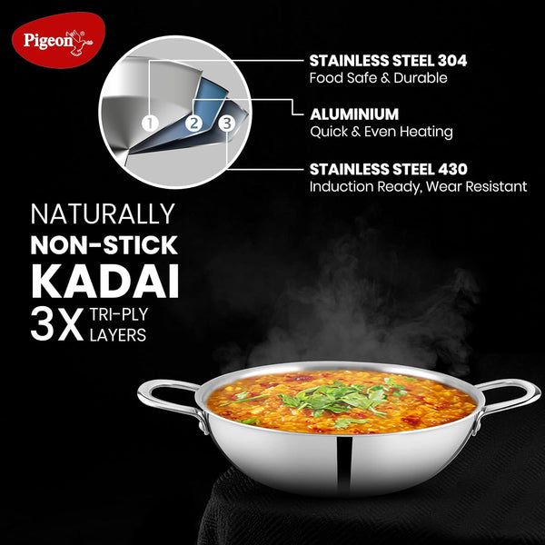 Pigeon Elite Stainless Steel Triply Kadhai 26 cm, Gas Stove and Induction Compatible for Fast Cooking and Longer Heat Retention, Along with Even Heat Distribution- Silver